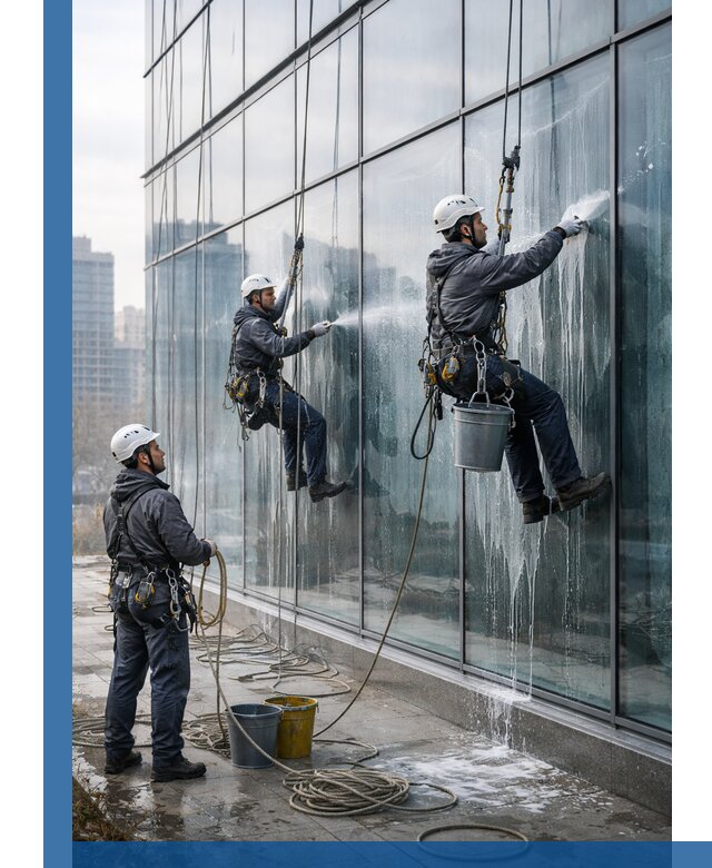 Промышленная мойка панорамных окон на высоте в Дубне