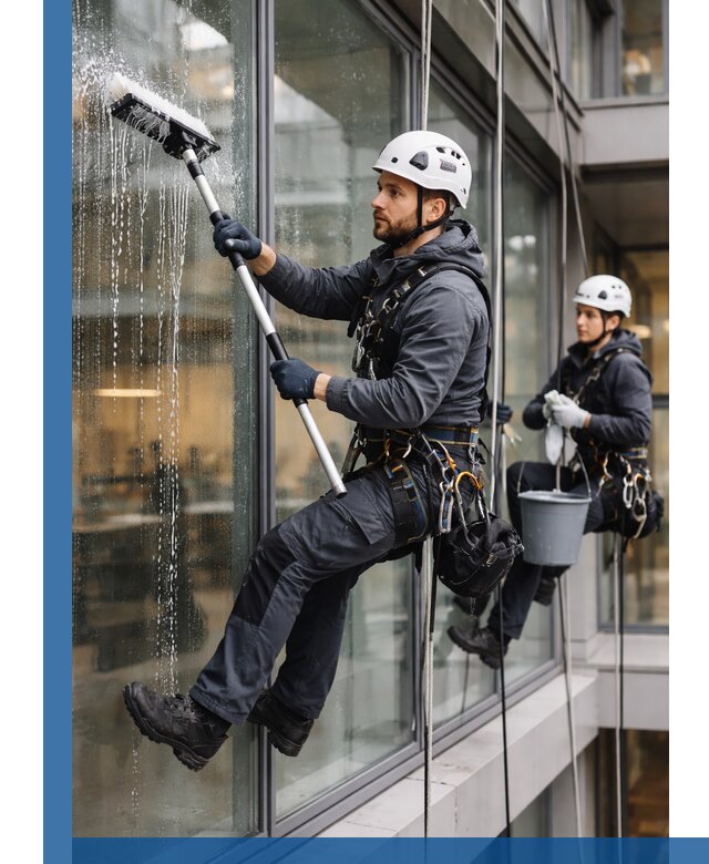 Профессиональная мойка витражей промышленными альпинистами в Дубне