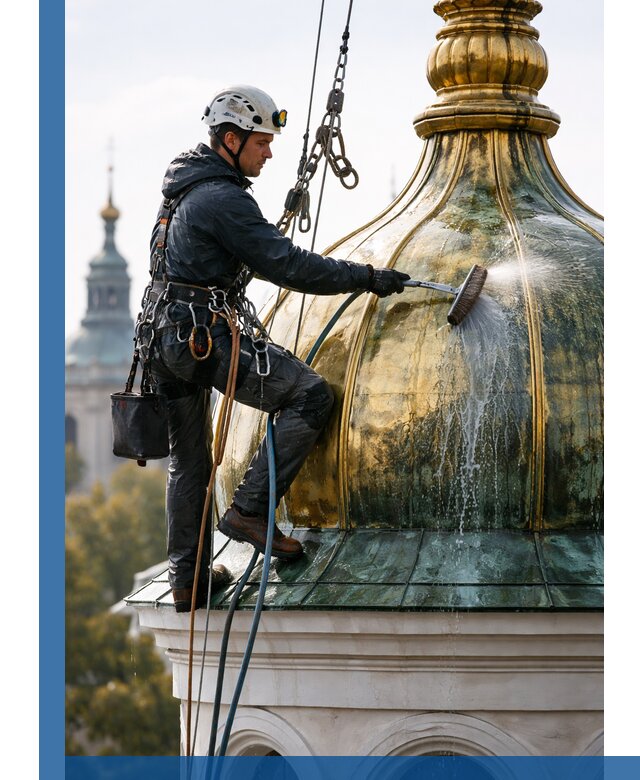 Профессиональная мойка куполов и шпилей высотными альпинистами в Дубне