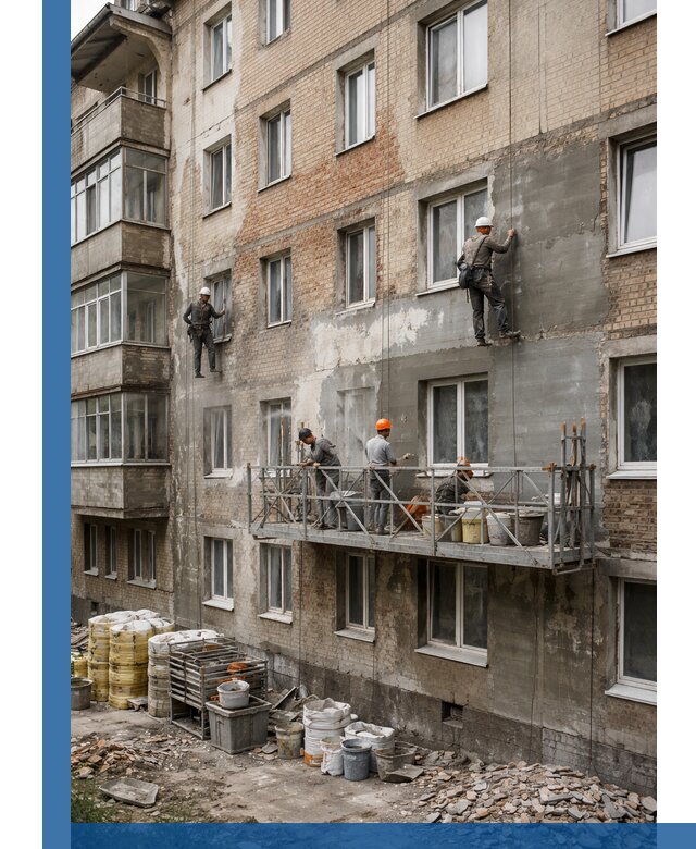 Капитальный ремонт фасада в Дубне с восстановлением и гидроизоляцией