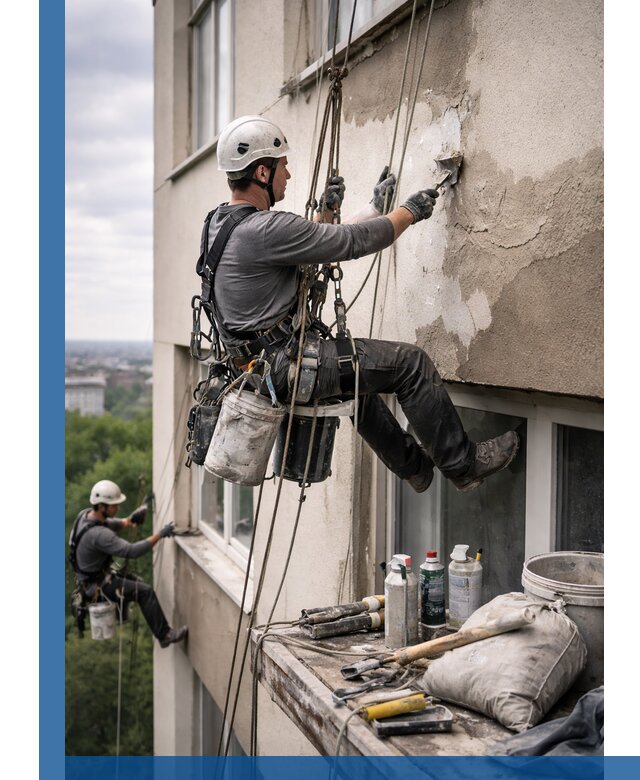Косметический ремонт фасада зданий в Дубне промышленными альпинистами