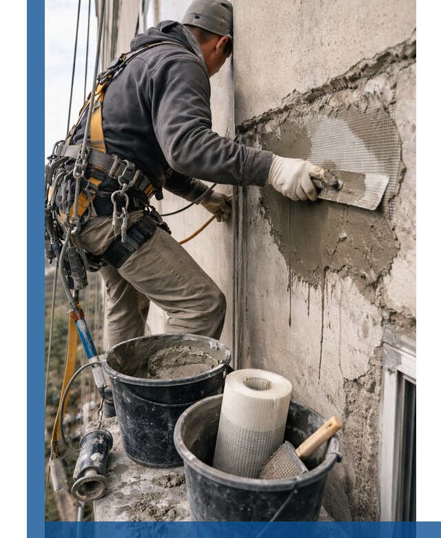 Ремонт бетонных элементов фасада промышленными альпинистами в Дубне