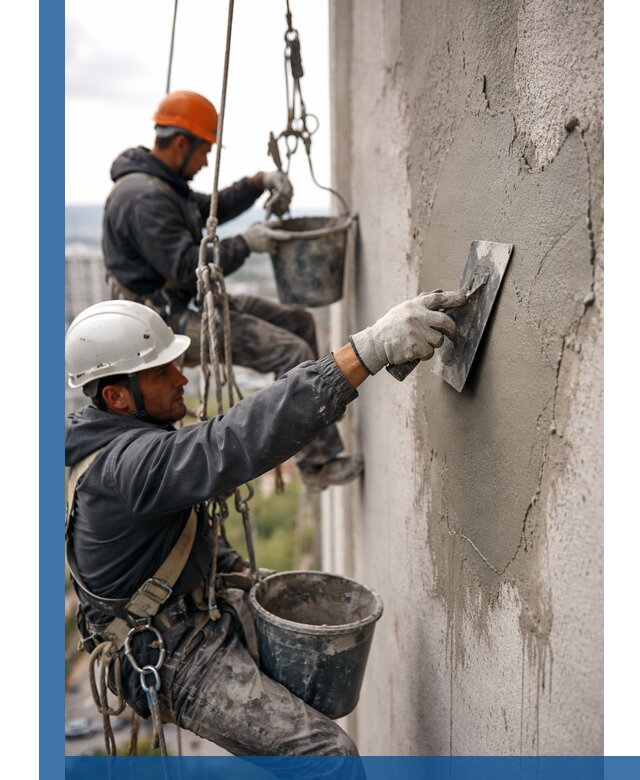 Штукатурка фасада на высоте в Дубне профессиональные работы