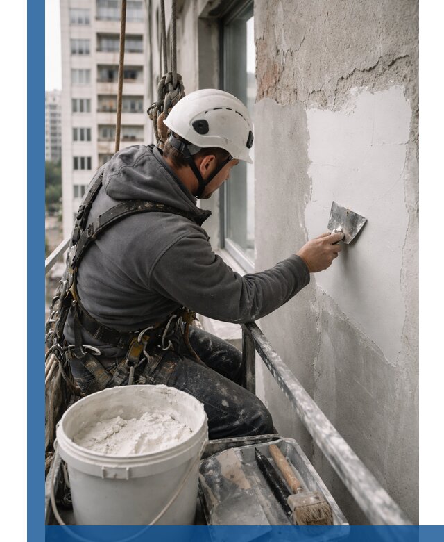 Шпаклевка фасадов на высоте с промальпинистами в Дубне