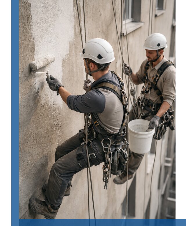 Грунтовка фасада на высоте в Дубне промышленными альпинистами