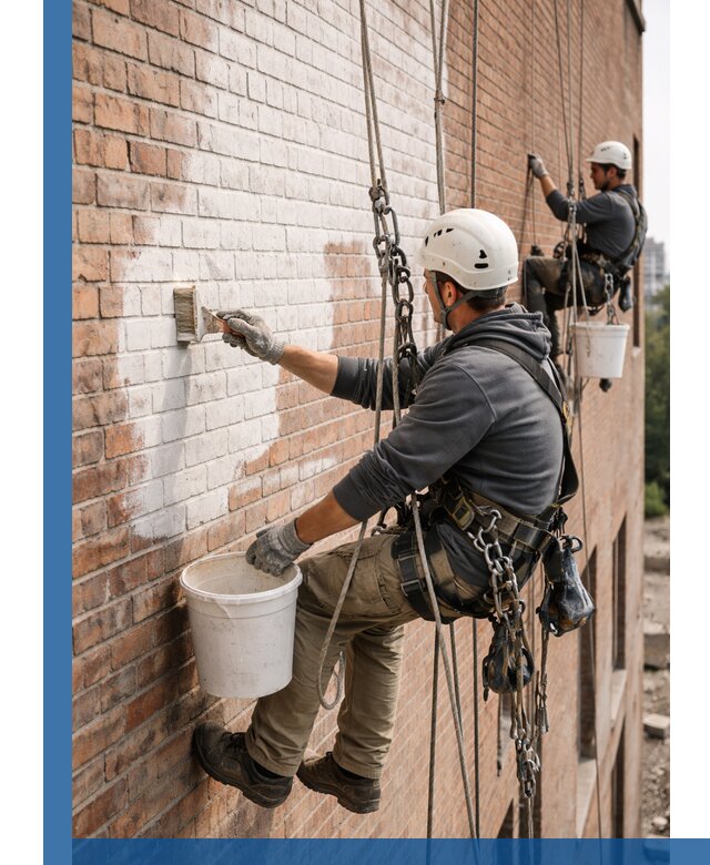 Покраска кирпичного фасада с доступным альпинистским сервисом в Дубне