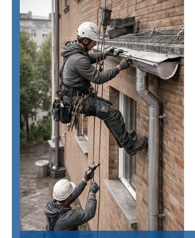 Монтаж водосточной системы на здании в Дубне под ключ