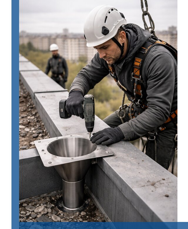 Монтаж водосточных воронок в Дубне для промышленных зданий