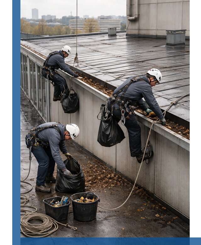 Очистка кровли по периметру в Дубне силами промышленных альпинистов