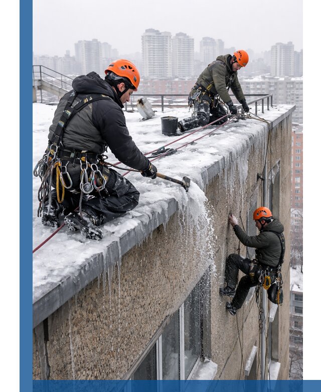 Удаление наледи с кровли в Дубне промышленными альпинистами