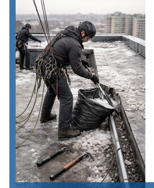 Аварийная очистка кровли в Дубне от промальпинистов