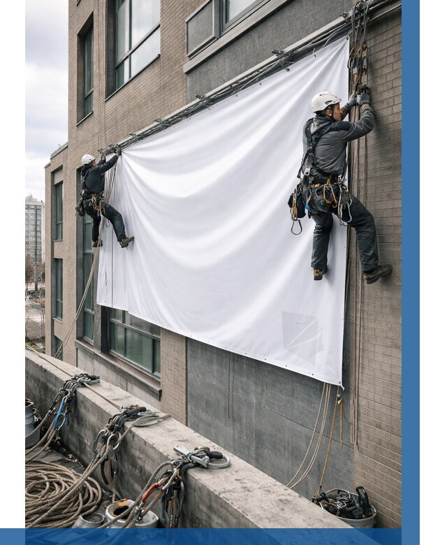 Монтаж баннеров на фасаде в Дубне от 664 р. заказать ВЫСОТНИК-Дбн