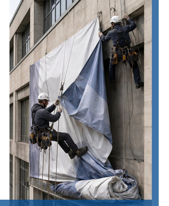 Демонтаж баннеров с фасада в Дубне от 4594 р. | ВЫСОТНИК-Дбн