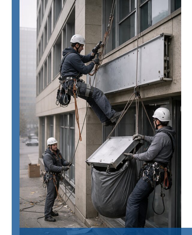 Демонтаж рекламной вывески с высотными работами в Дубне