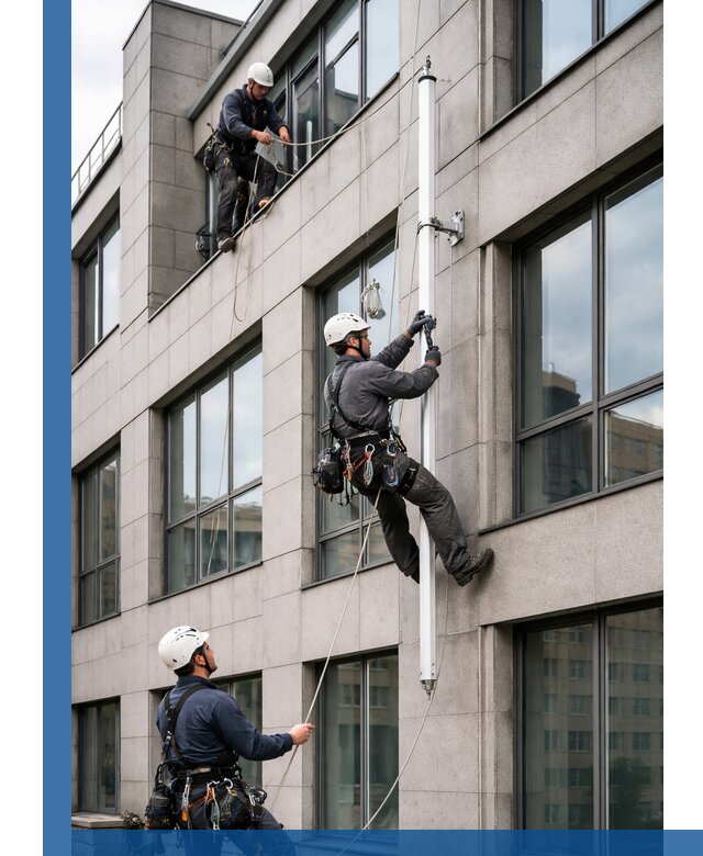 Монтаж флагштока на фасаде здания с креплением и герметикой в Дубне