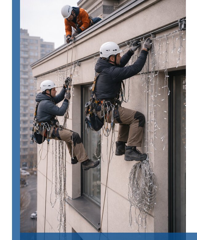 Монтаж праздничных гирлянд на фасаде в Дубне для зданий