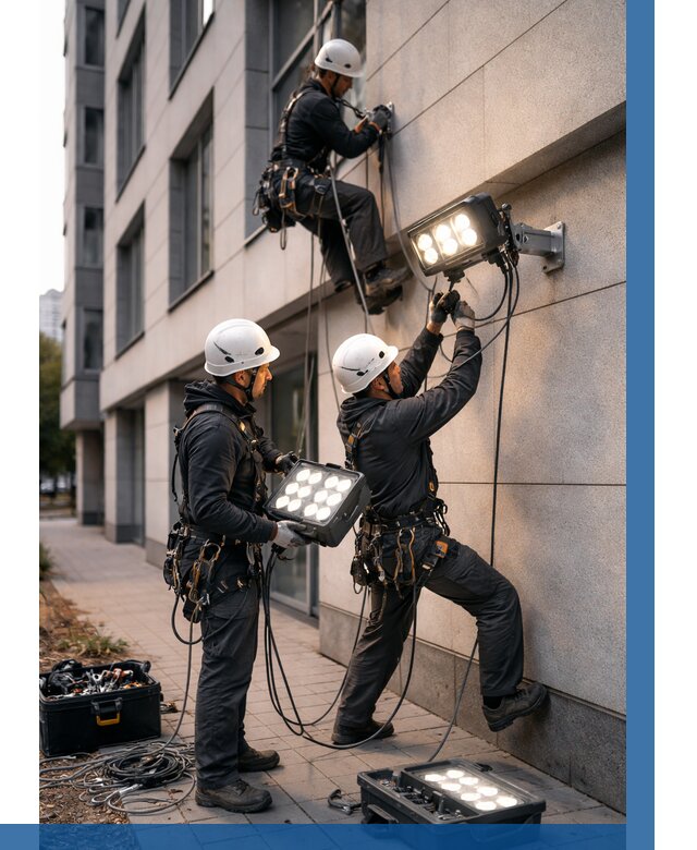 Монтаж прожекторов на фасаде в Дубне от 7657 р. | ВЫСОТНИК-Дбн