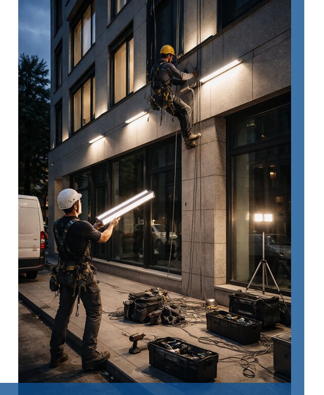 Монтаж архитектурной подсветки здания в Дубне от 2552 р.|ВЫСОТНИК-Дбн