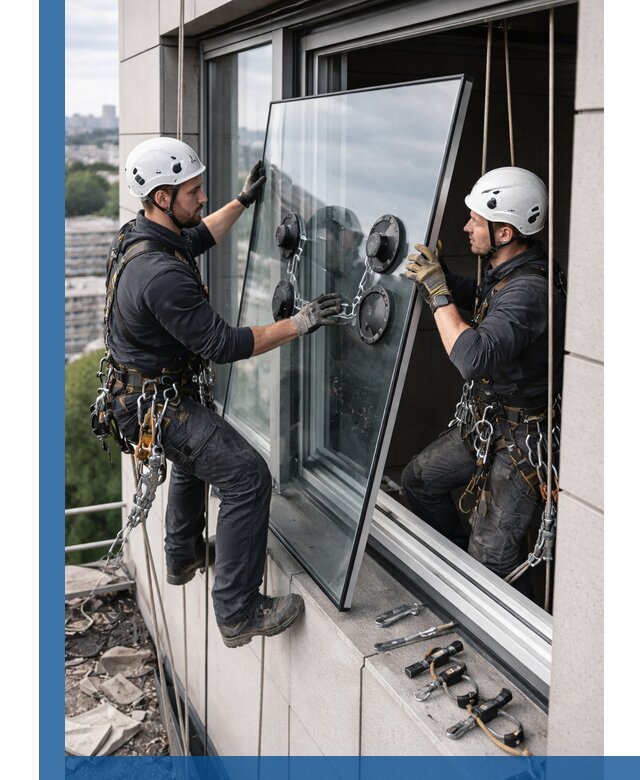 Замена стеклопакетов на высоте с промышленными альпинистами в Дубне