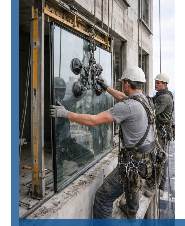 Монтаж стеклопакетов на высоте в Дубне с промышленным альпинизмом