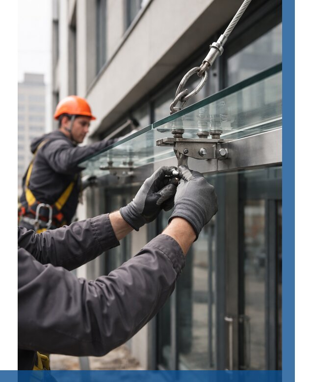 Монтаж стеклянных козырьков в Дубне от 8678 р. | ВЫСОТНИК-Дбн