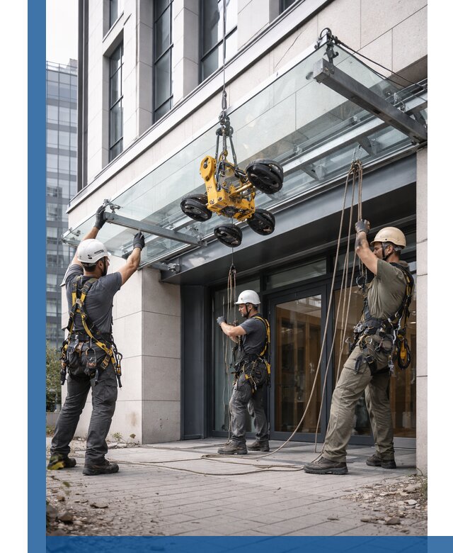 Монтаж стеклянных козырьков под ключ в Дубне для зданий