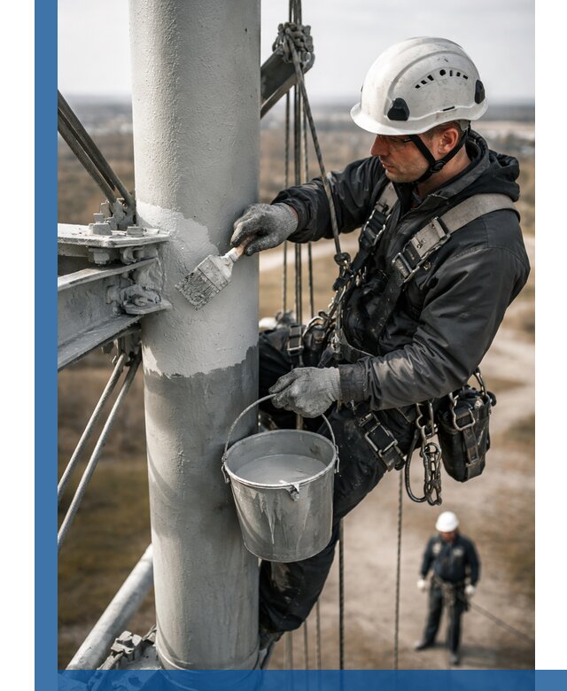 Покраска мачт связи в Дубне промышленными альпинистами