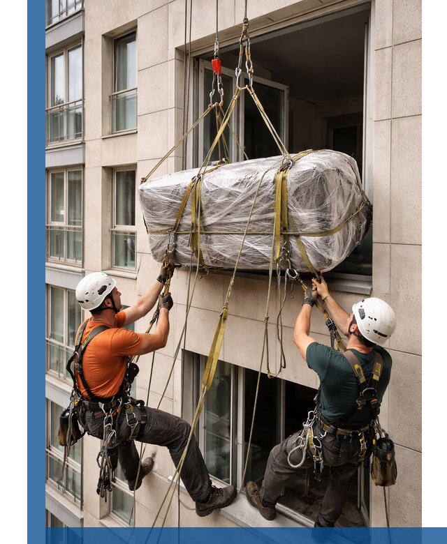 Подъем грузов через окно в Дубне промышленными альпинистами