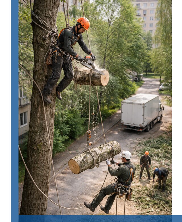 Спил деревьев альпинистами в Дубне, безопасно и без повреждений