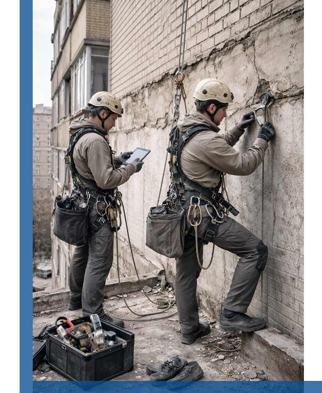 Обследование фасада промышленными альпинистами в Дубне